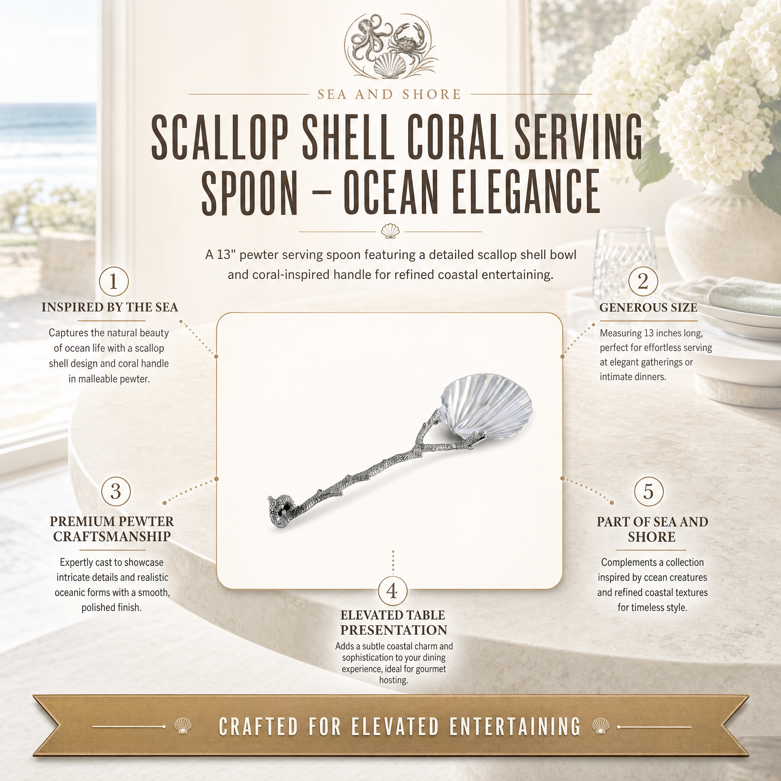 Scallop Shell Coral Serving Spoon 11