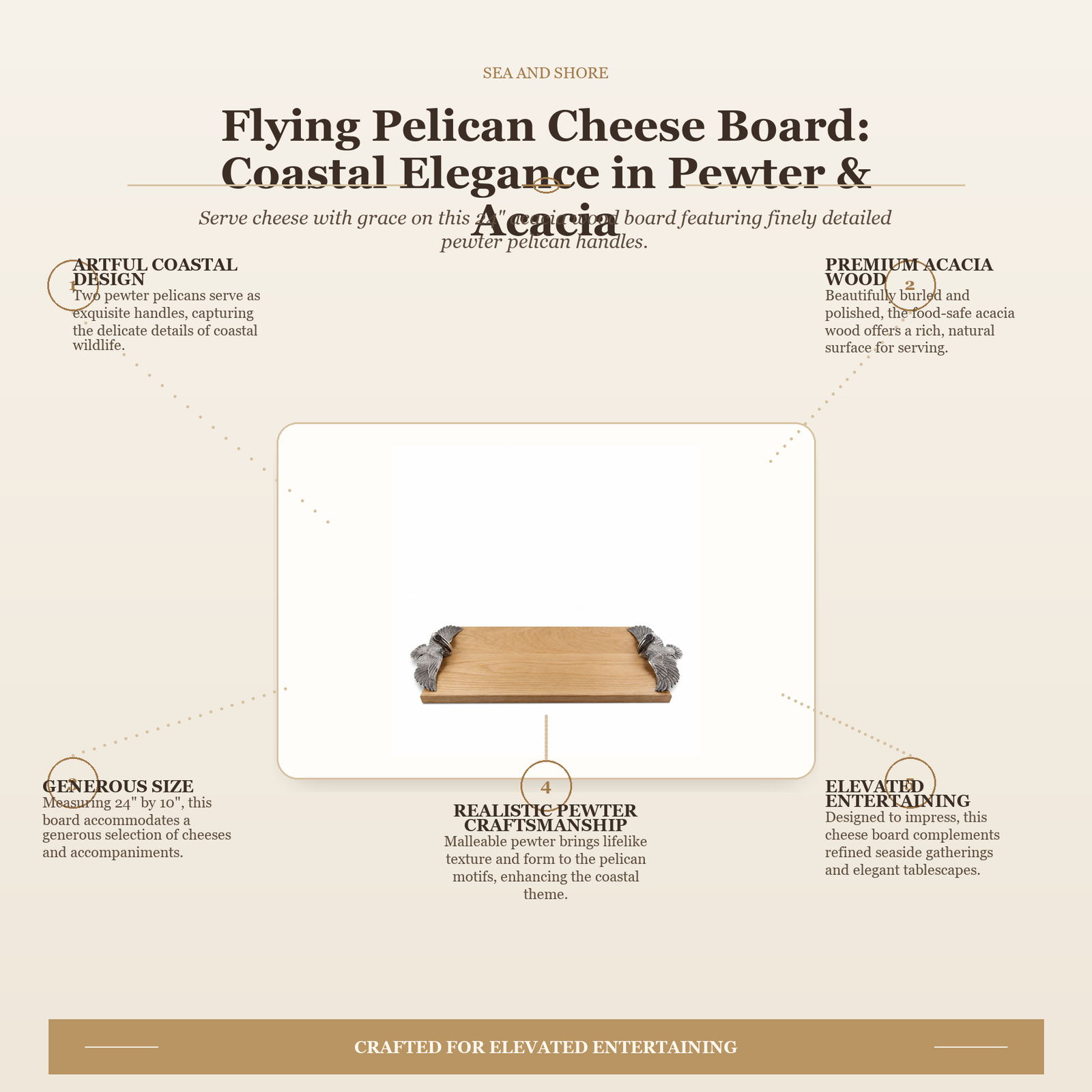 Flying Pelican Cheese Board: Coastal Elegance in Pewter & Acacia