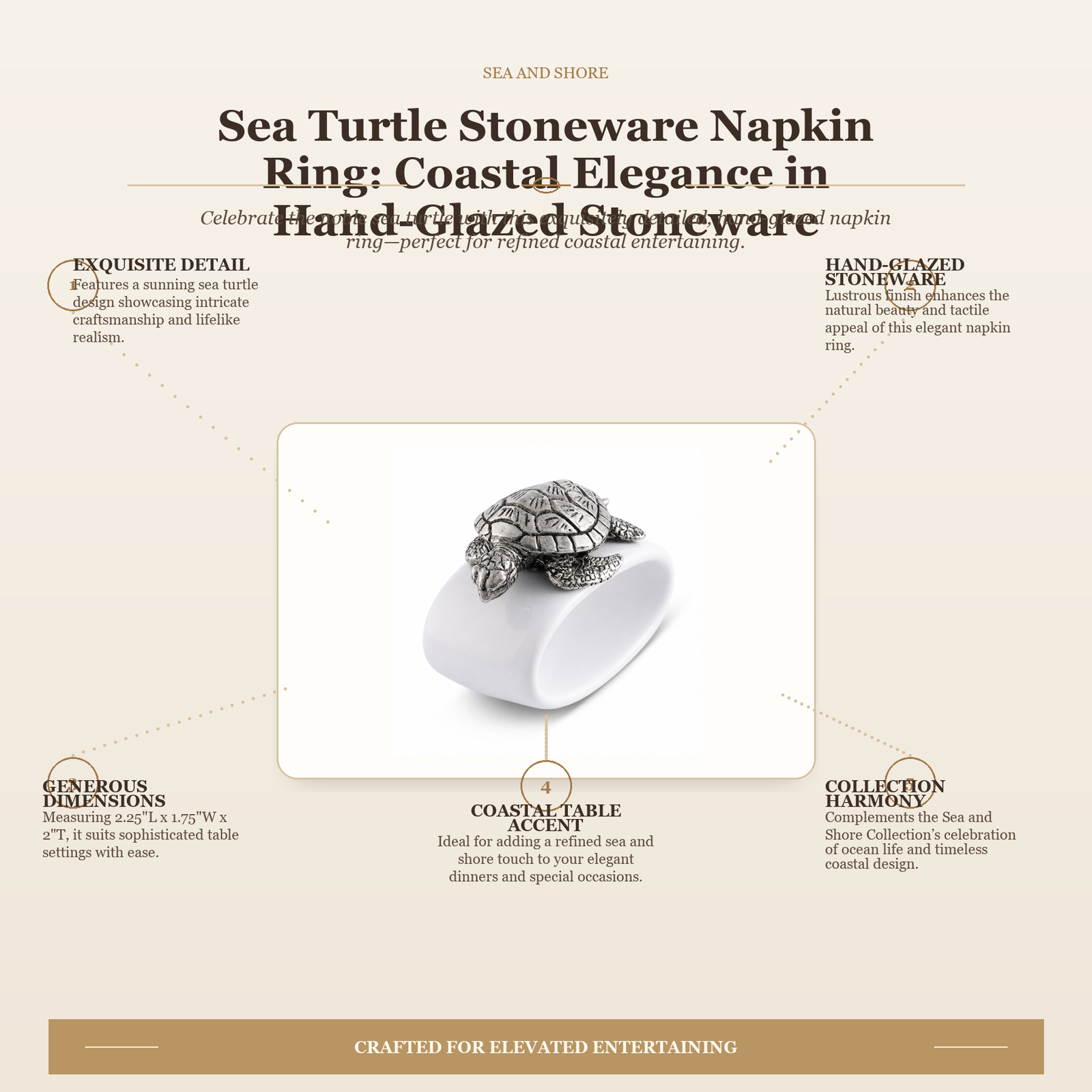 Sea Turtle Stoneware Napkin Ring: Coastal Elegance in Hand-Glazed Stoneware