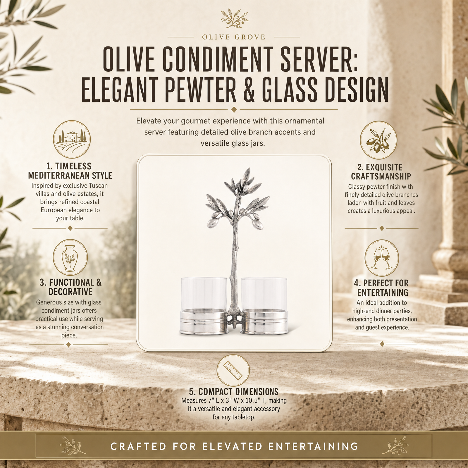 Olive Condiment Server: Elegant Pewter & Glass Design