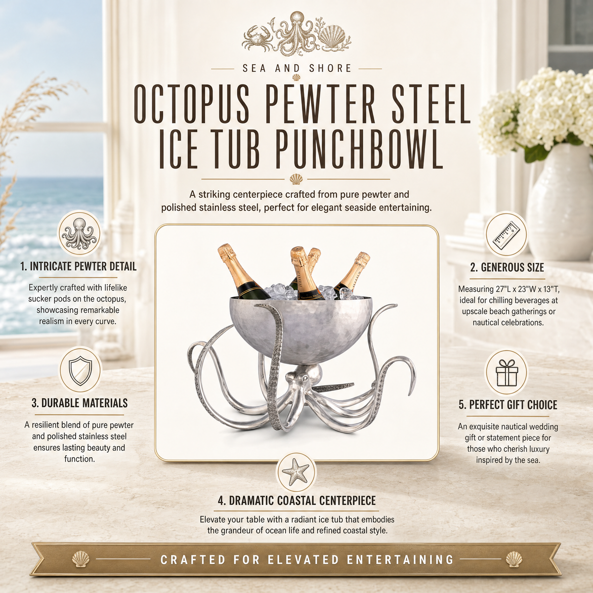 Octopus Pewter Steel Ice Tub Punchbowl 1