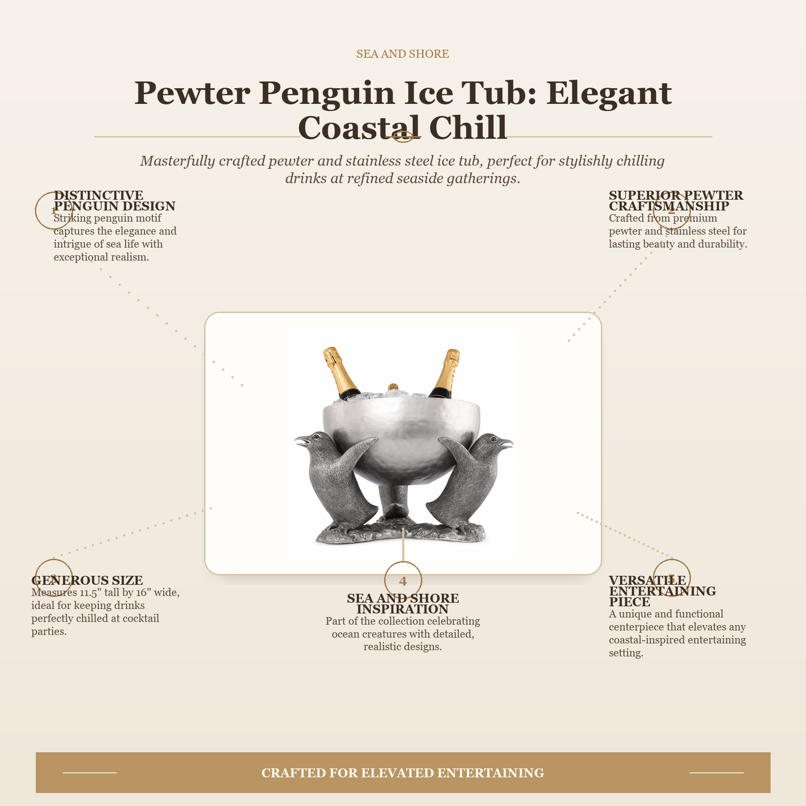 Pewter Penguin Ice Tub: Elegant Coastal Chill