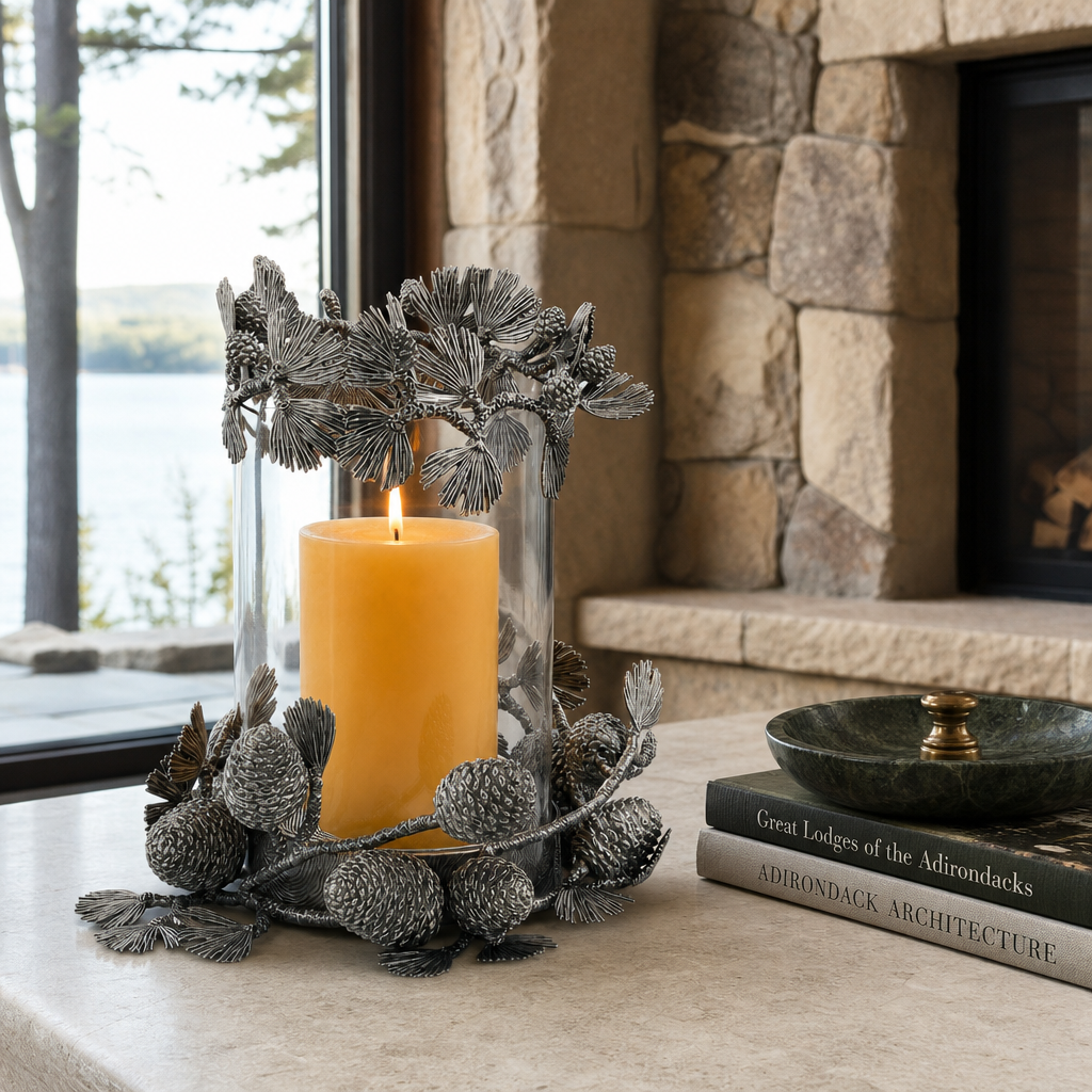 Pewter Pine Cones Pillar Hurricane Centerpiece 6