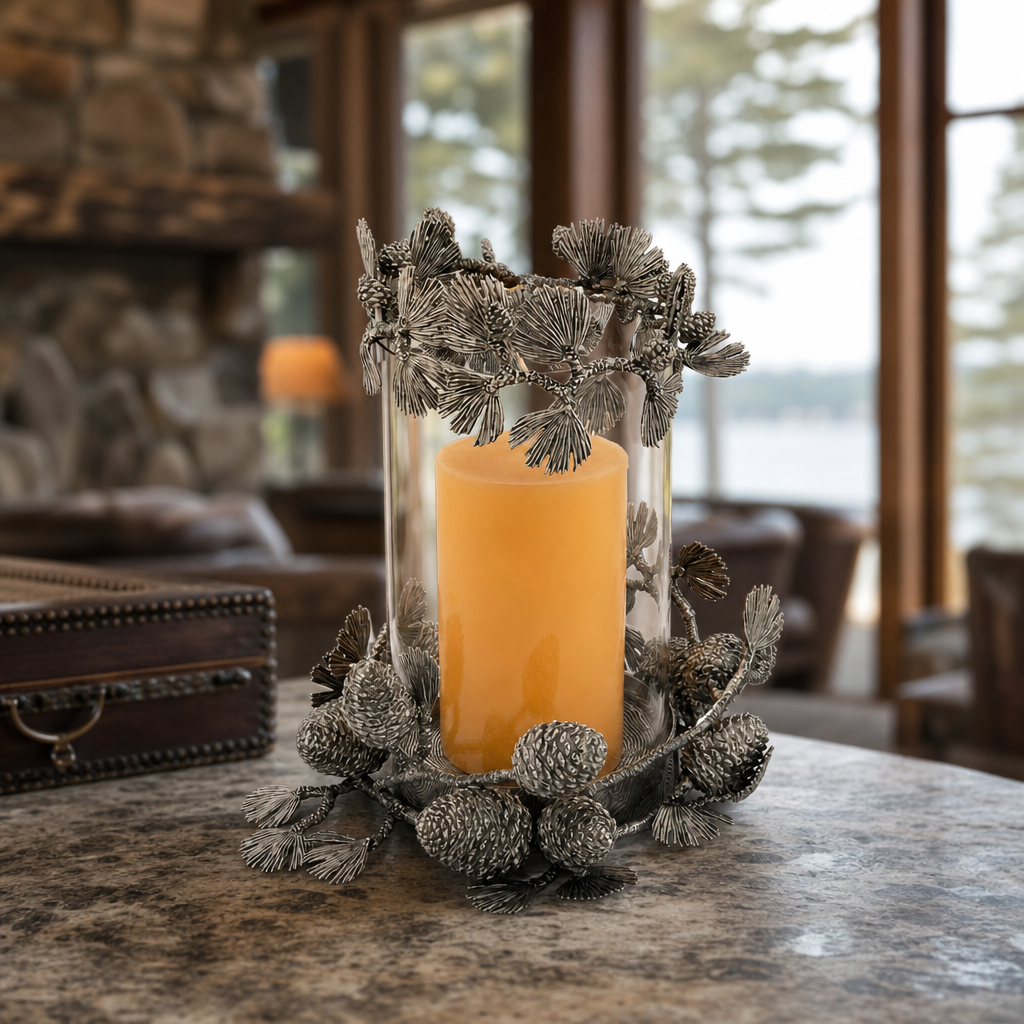 Pewter Pine Cones Pillar Hurricane Centerpiece 2