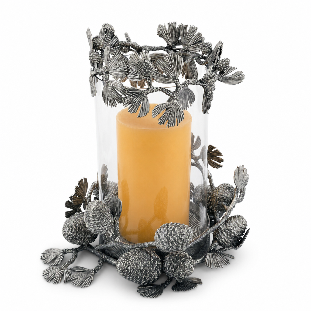 Pewter Pine Cones Pillar Hurricane Centerpiece 1