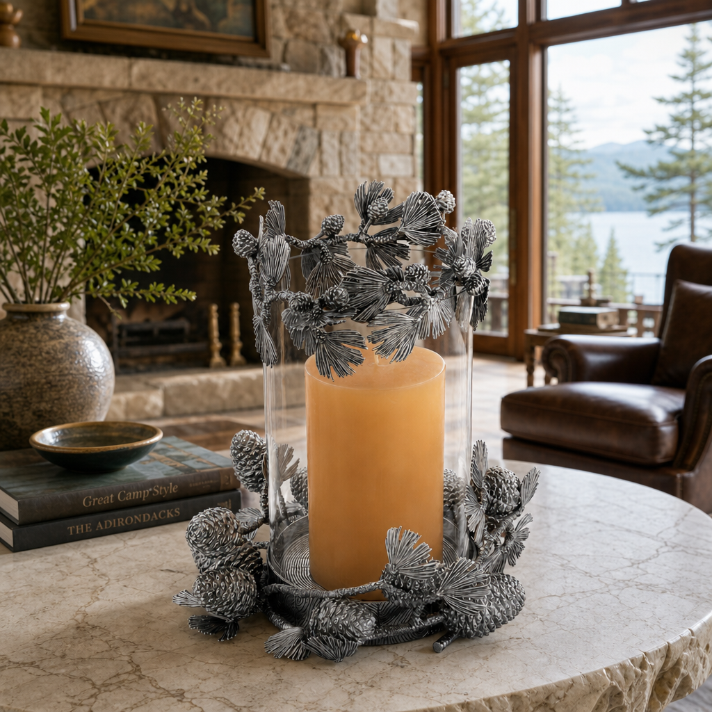 Pewter Pine Cones Pillar Hurricane Centerpiece 7
