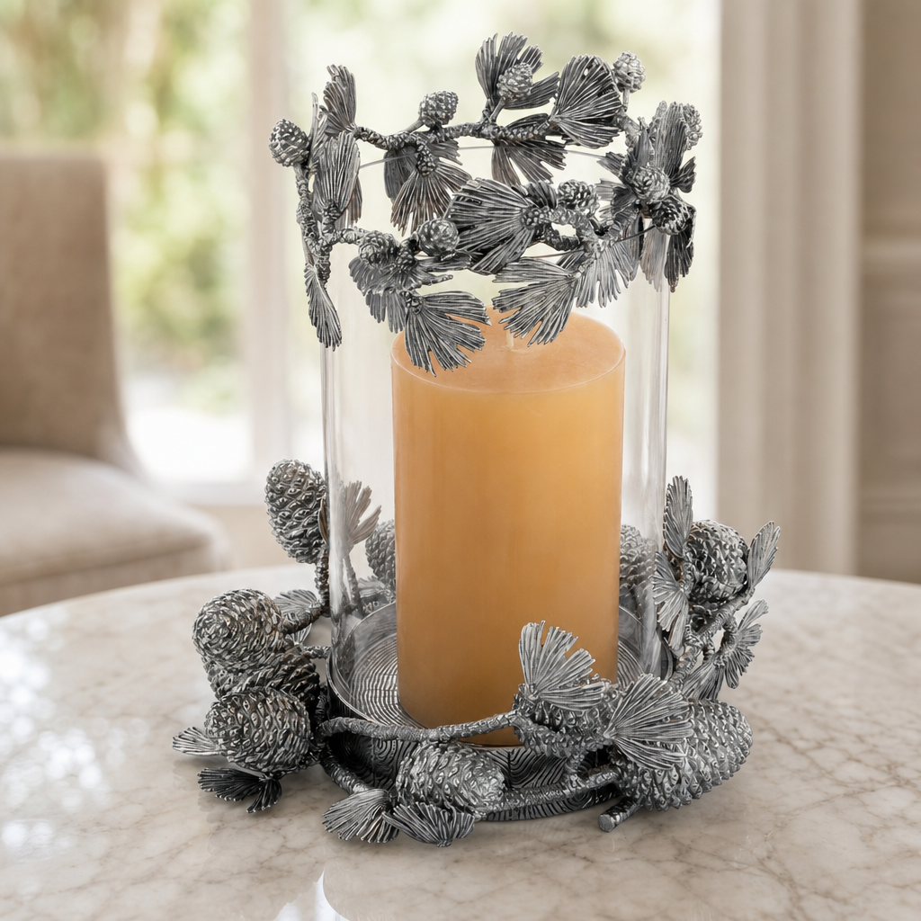 Pewter Pine Cones Pillar Hurricane Centerpiece 10
