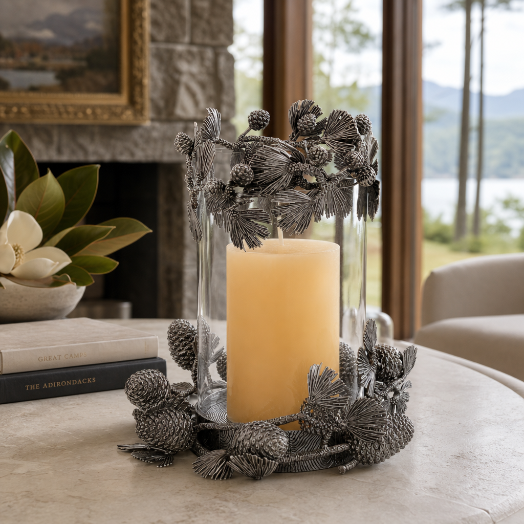 Pewter Pine Cones Pillar Hurricane Centerpiece 8