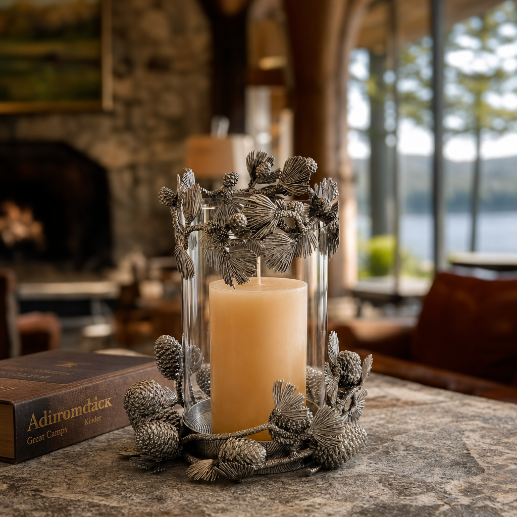 Pewter Pine Cones Pillar Hurricane Centerpiece 4