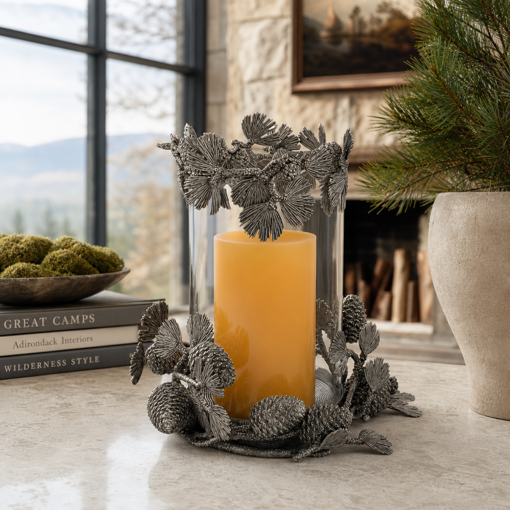 Pewter Pine Cones Pillar Hurricane Centerpiece 9