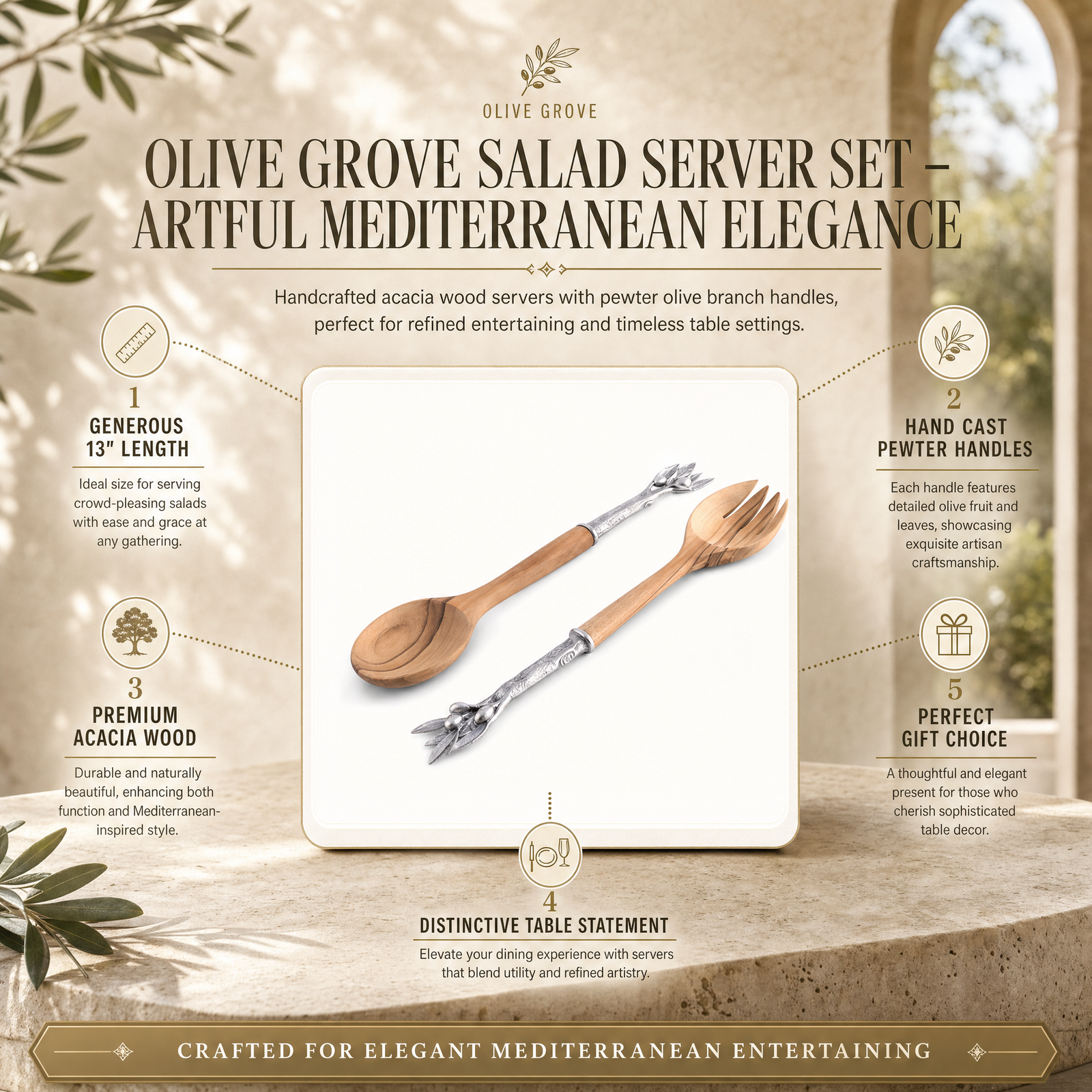 Olive Grove Salad Server Set – Artful Mediterranean Elegance