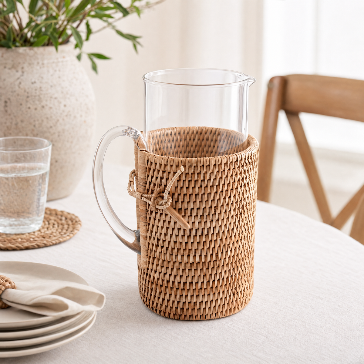 Glass Pitcher Hand Woven Wicker Natural Rattan Cover 10