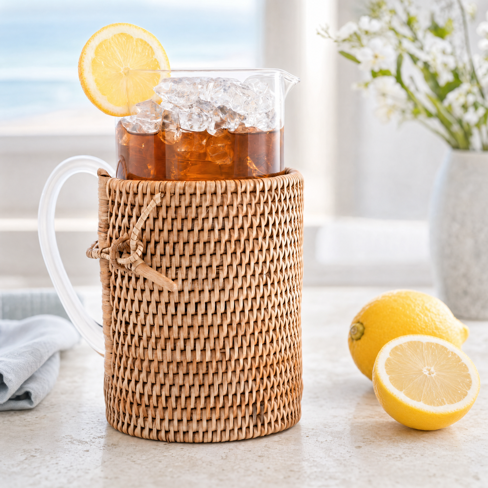 Glass Pitcher Hand Woven Wicker Natural Rattan Cover 1