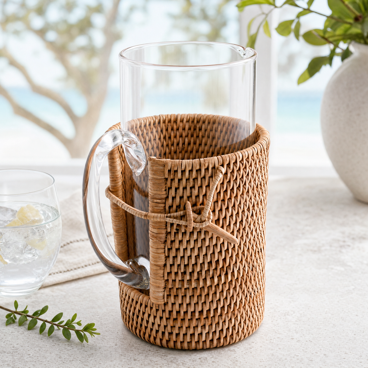 Glass Pitcher Hand Woven Wicker Natural Rattan Cover 5