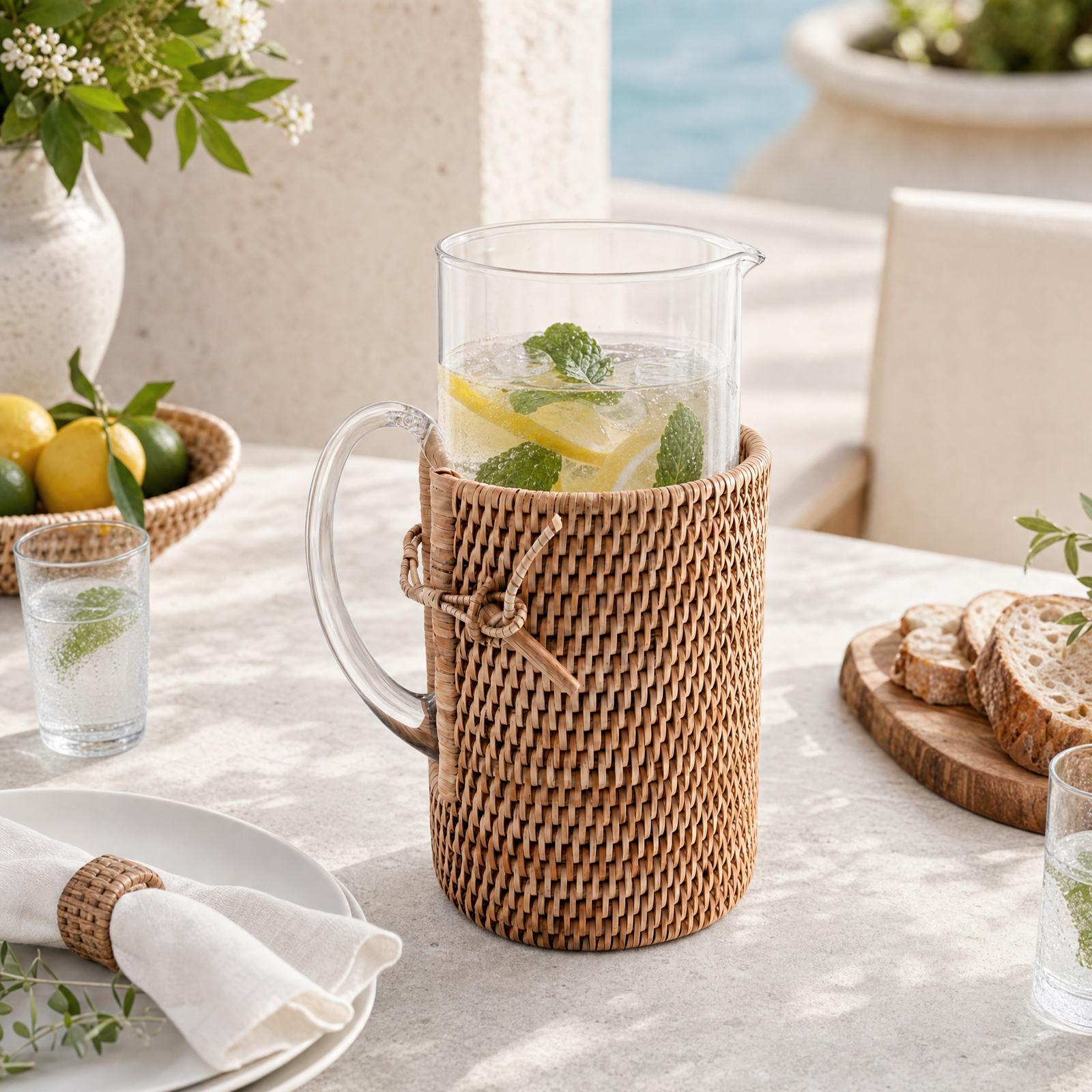 Glass Pitcher Hand Woven Wicker Natural Rattan Cover 7