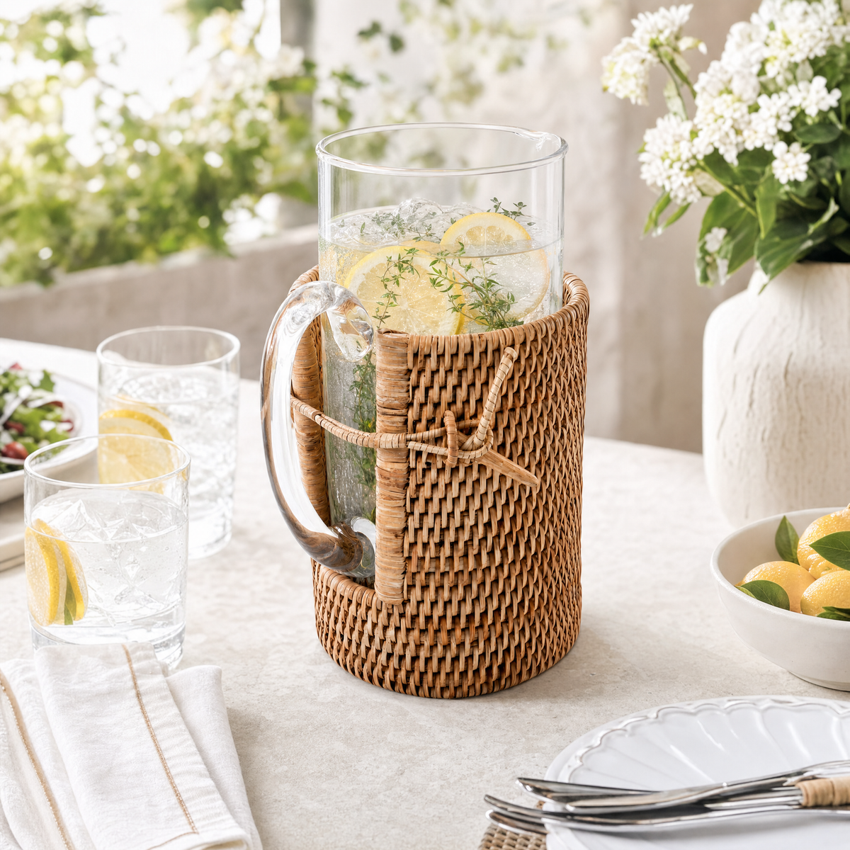 Glass Pitcher Hand Woven Wicker Natural Rattan Cover 9