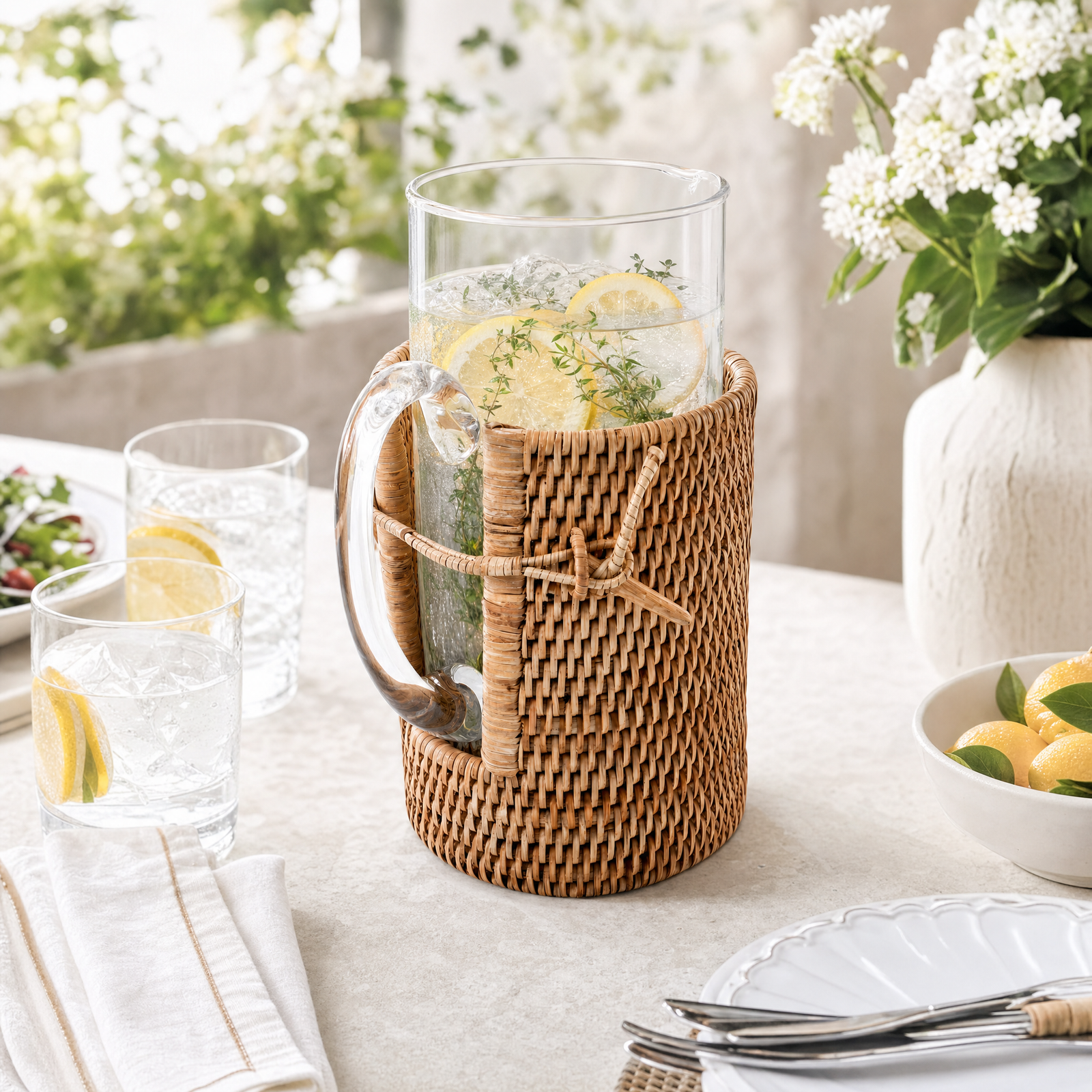 Glass Pitcher Hand Woven Wicker Natural Rattan Cover 9