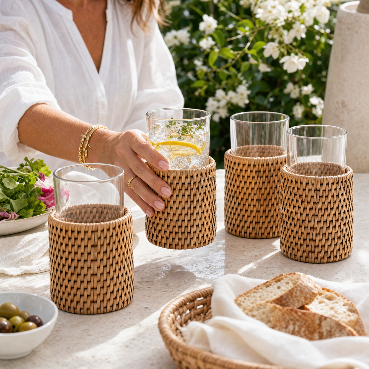 Drinking Glass Covered with Hand Woven Wicker Rattan - Set of 4 6