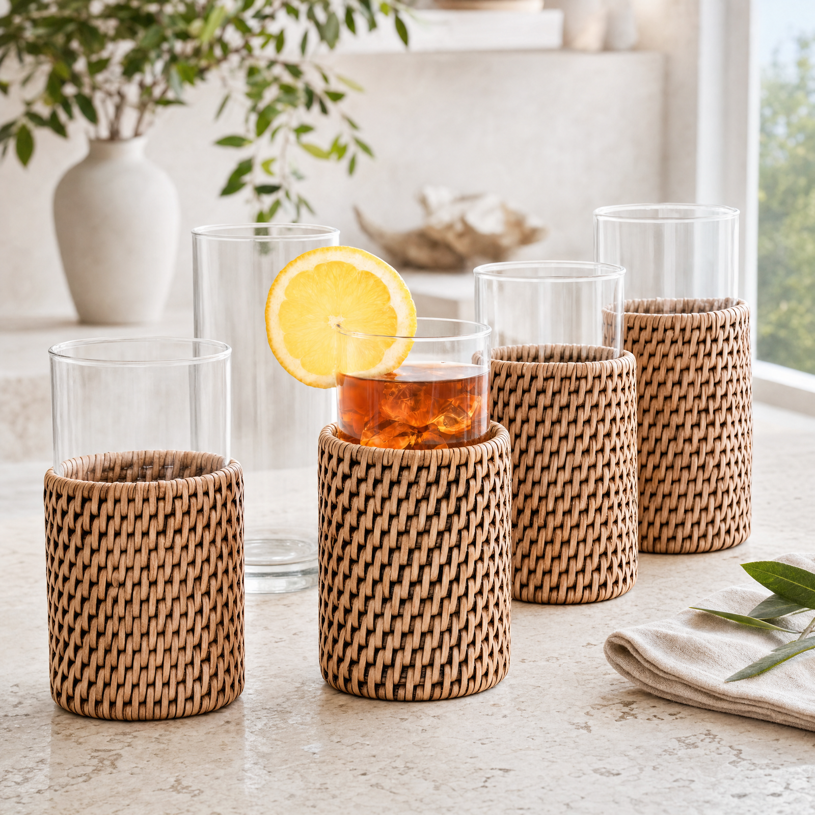 Drinking Glass Covered with Hand Woven Wicker Rattan - Set of 4 1