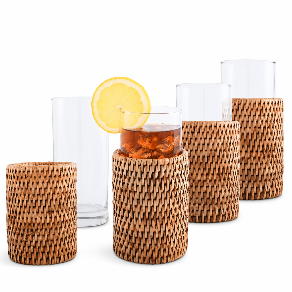 Drinking Glass Covered with Hand Woven Wicker Rattan - Set of 4 1