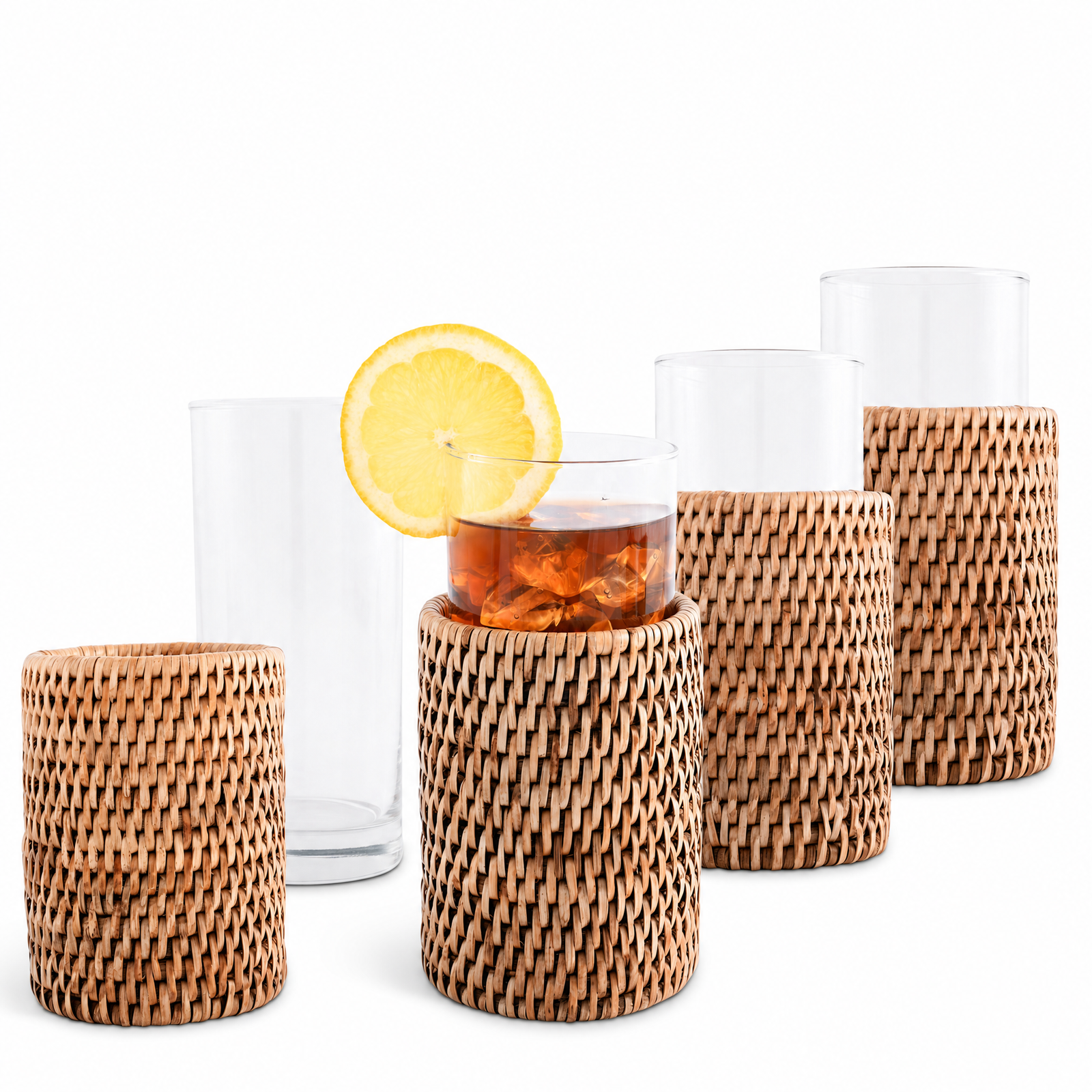 Drinking Glass Covered with Hand Woven Wicker Rattan - Set of 4 1