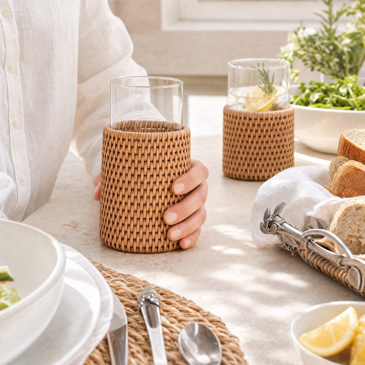 Drinking Glass Covered with Hand Woven Wicker Rattan - Set of 4 7
