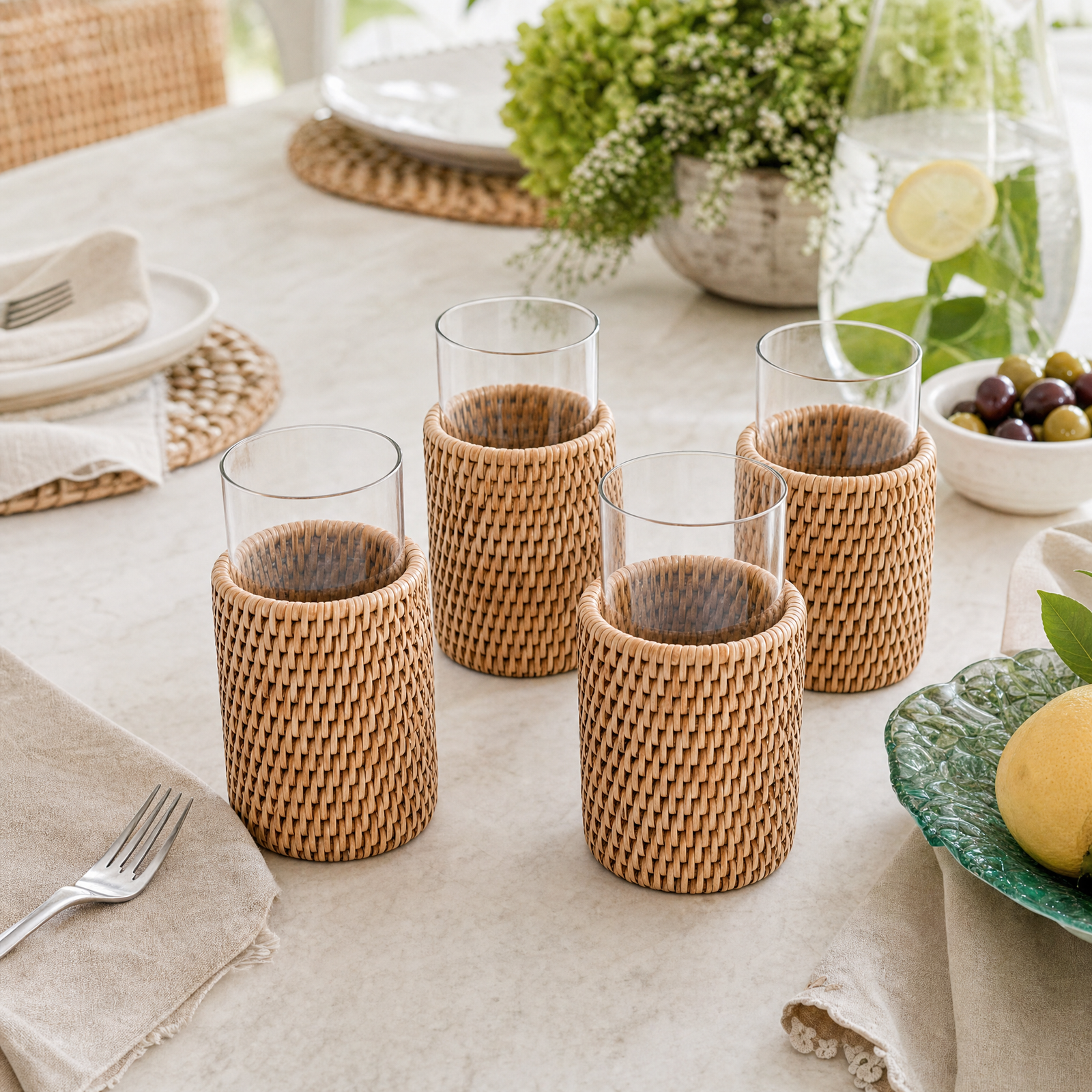Drinking Glass Covered with Hand Woven Wicker Rattan - Set of 4 9