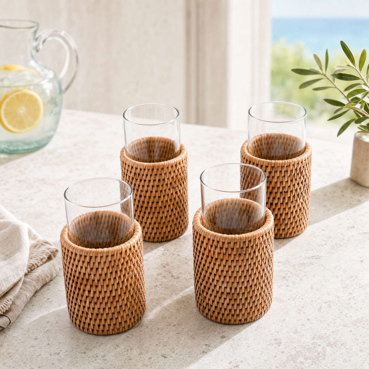 Drinking Glass Covered with Hand Woven Wicker Rattan - Set of 4 5