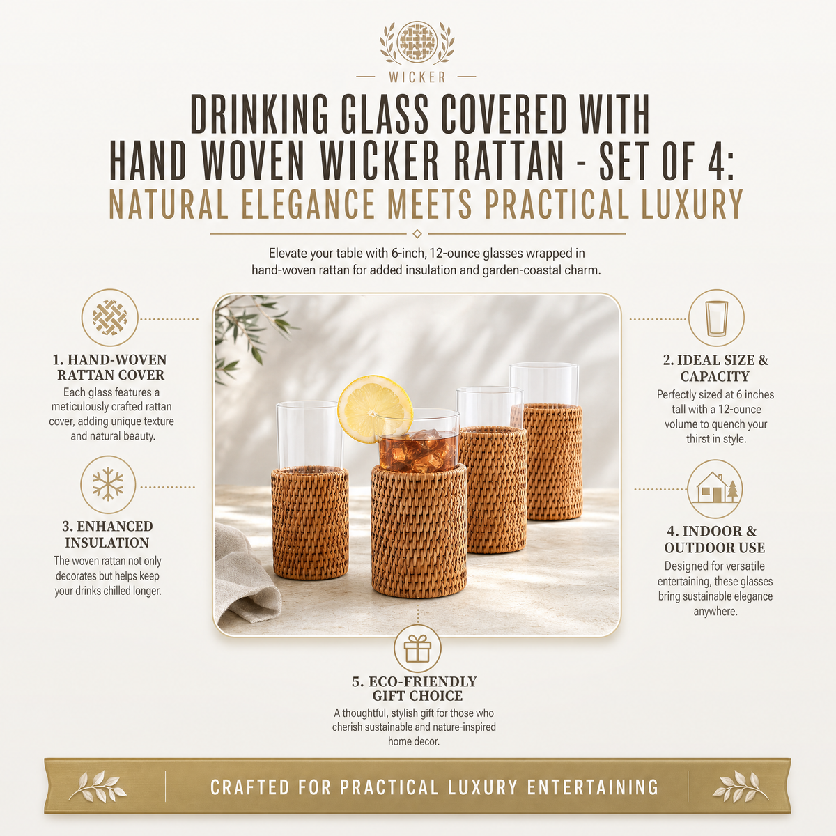 Drinking Glass Covered with Hand Woven Wicker Rattan - Set of 4 11