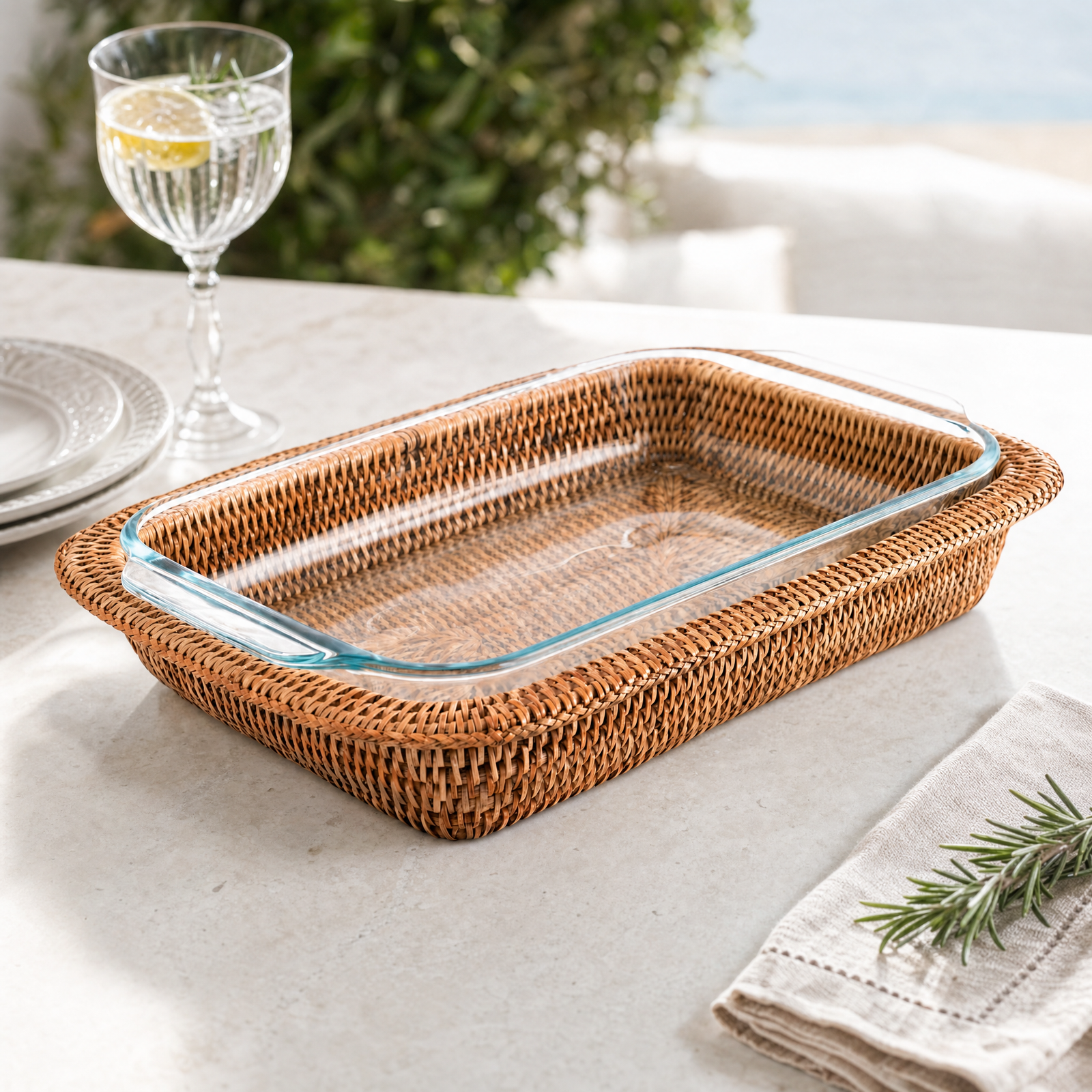 Hand Woven Rattan 3qt Rectangular Casserole Holder 1