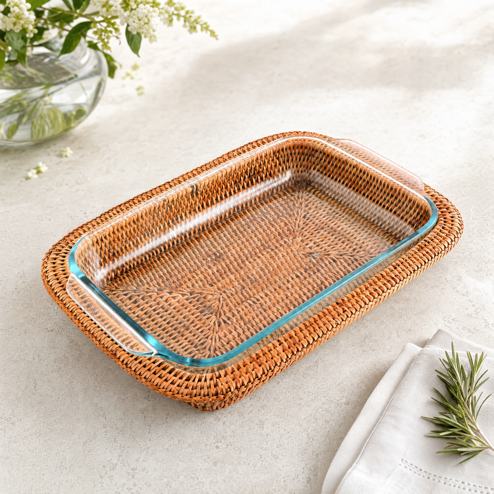 Hand Woven Rattan 3qt Rectangular Casserole Holder 3