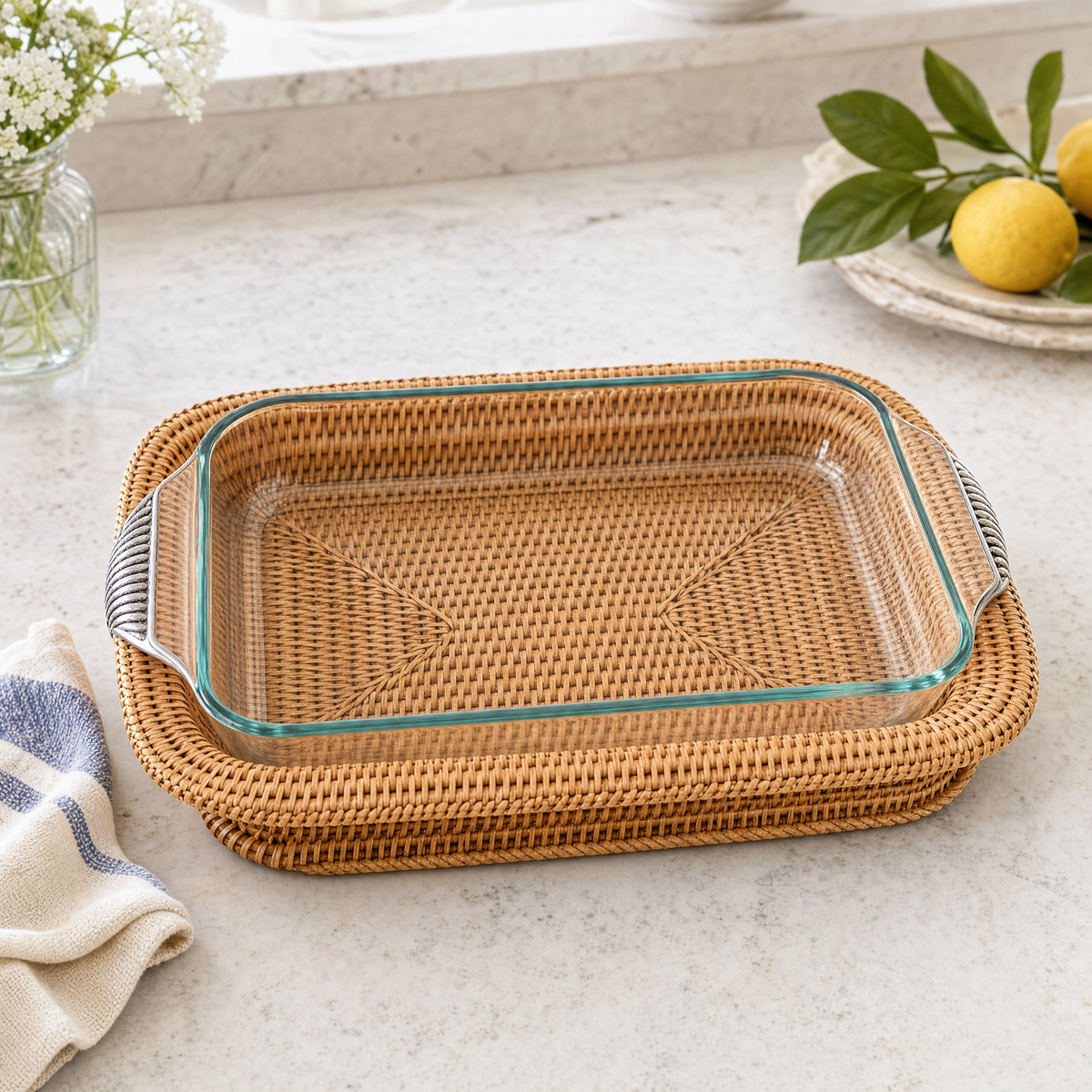 Hand Woven Rattan 3qt Rectangular Casserole Holder 4