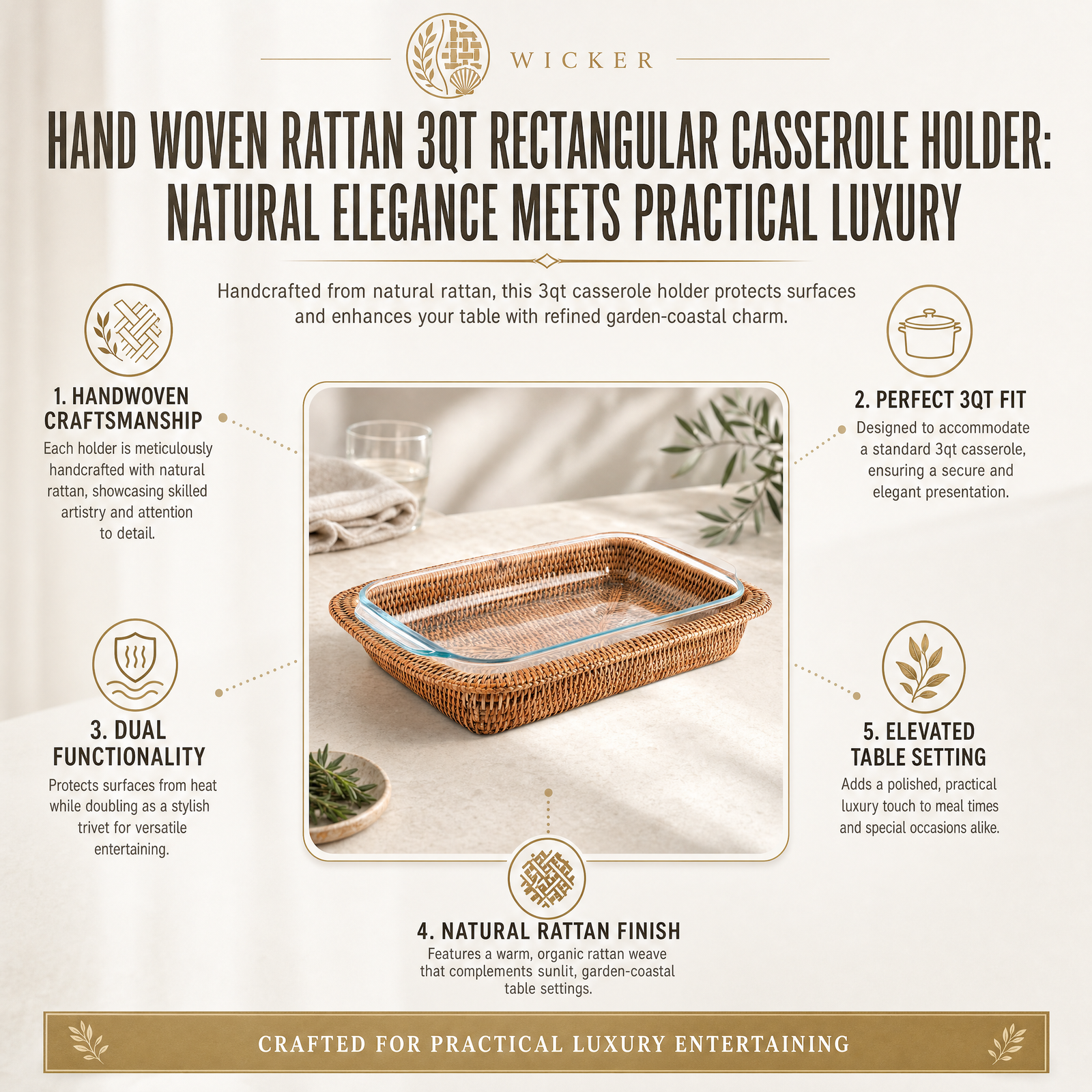 Hand Woven Rattan 3qt Rectangular Casserole Holder 1