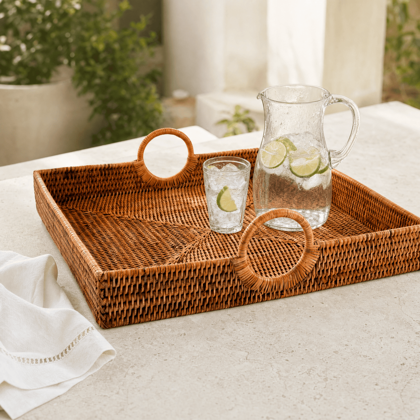 Hand Woven Wicker Rattan Large Square Tray 1