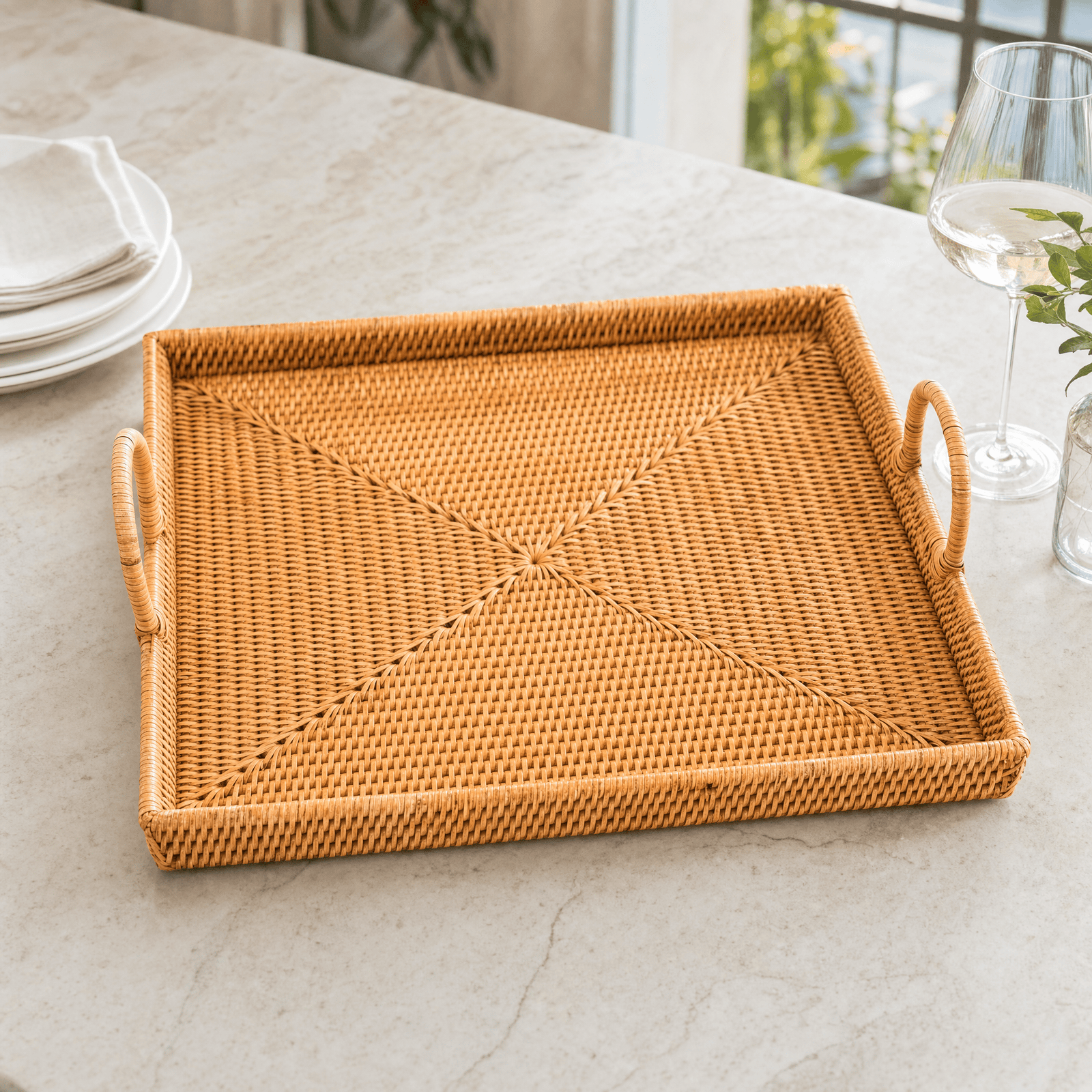 Hand Woven Wicker Rattan Large Square Tray 4