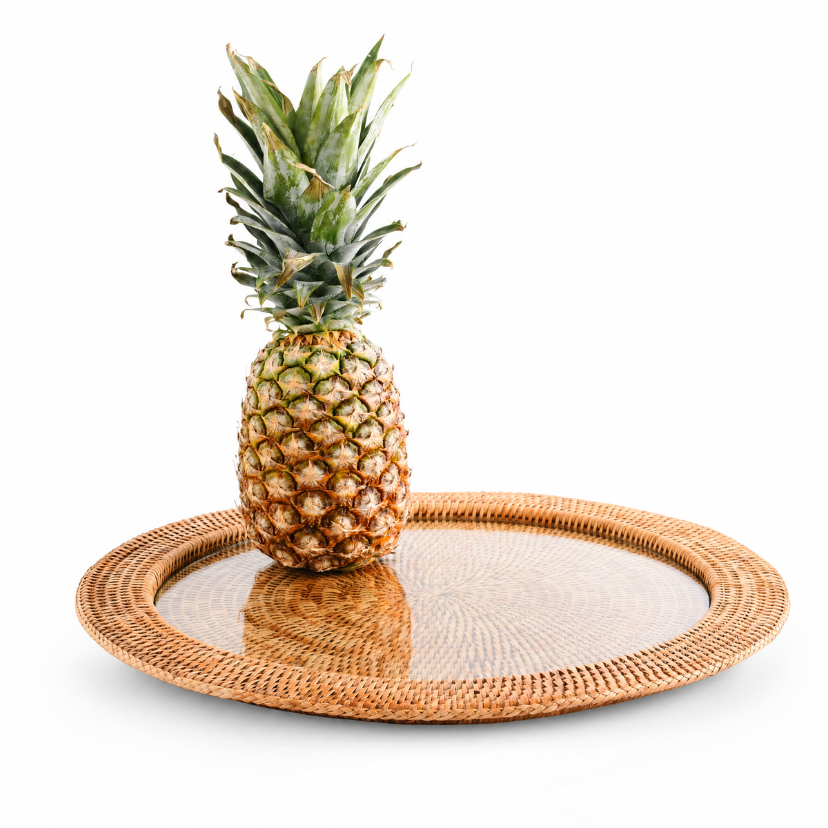 Round Serving Tray Hand Woven Wicker Rattan - Glass Insert 1