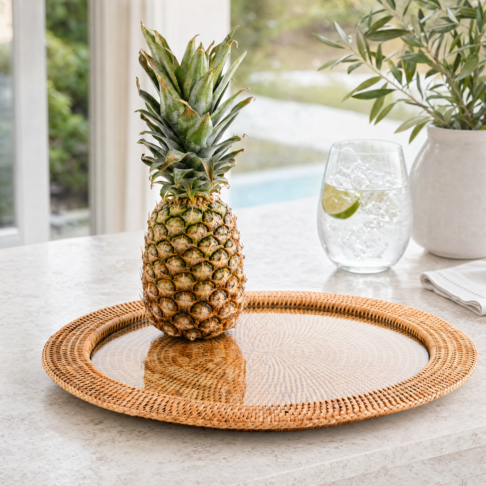 Round Serving Tray Hand Woven Wicker Rattan - Glass Insert 1