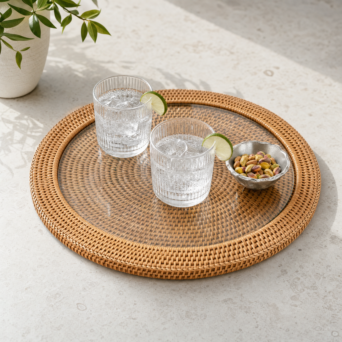 Round Serving Tray Hand Woven Wicker Rattan - Glass Insert 3