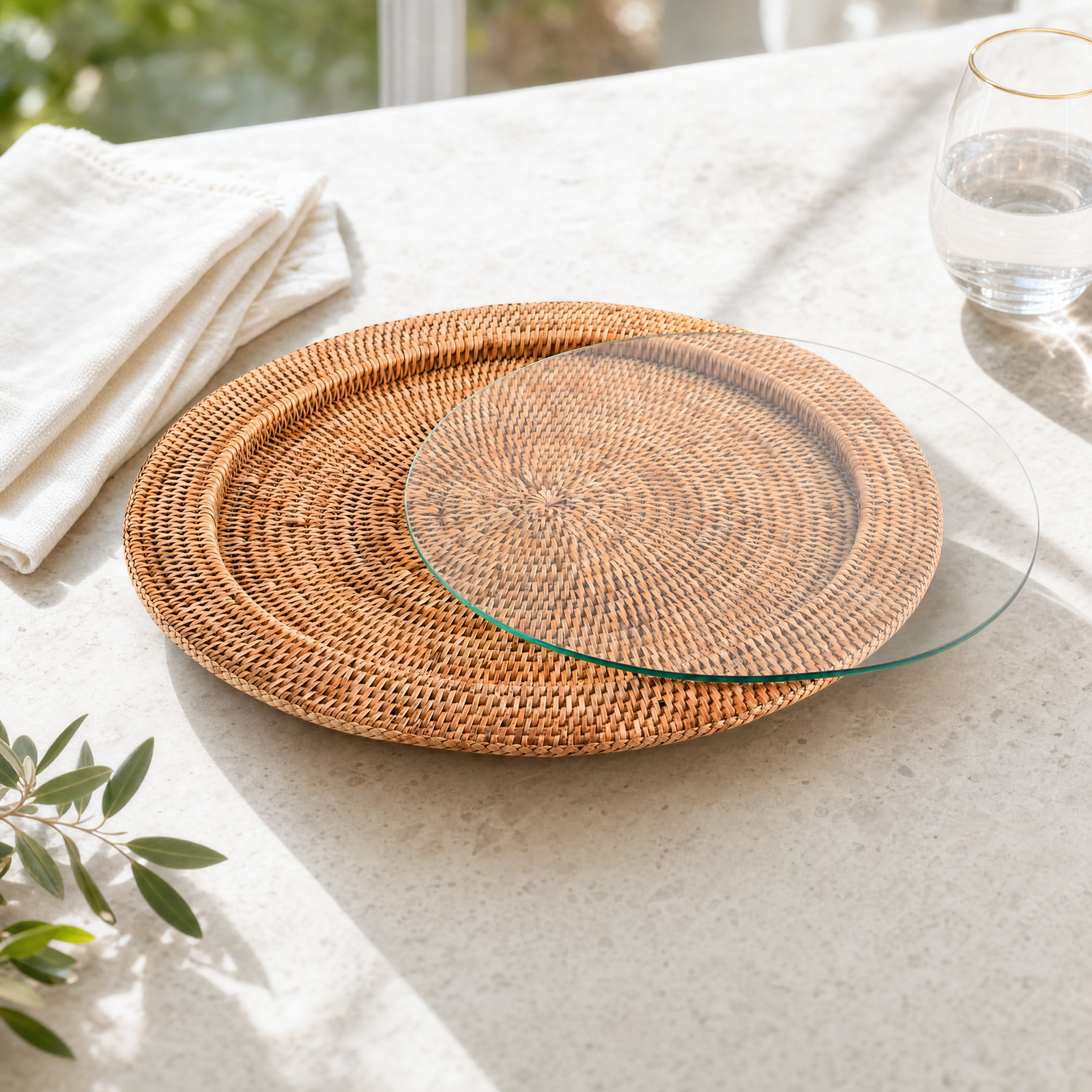 Round Serving Tray Hand Woven Wicker Rattan - Glass Insert 4
