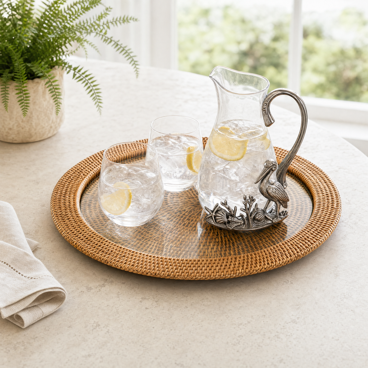 Round Serving Tray Hand Woven Wicker Rattan - Glass Insert 5
