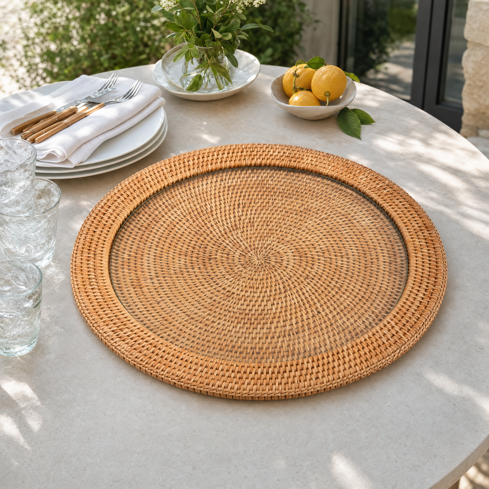 Round Serving Tray Hand Woven Wicker Rattan - Glass Insert 7
