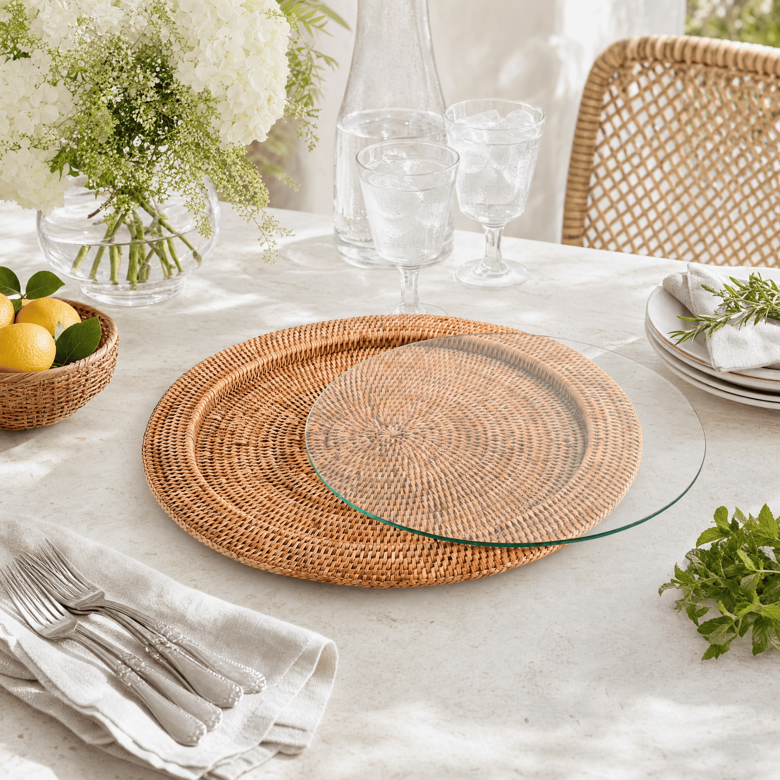 Round Serving Tray Hand Woven Wicker Rattan - Glass Insert 8