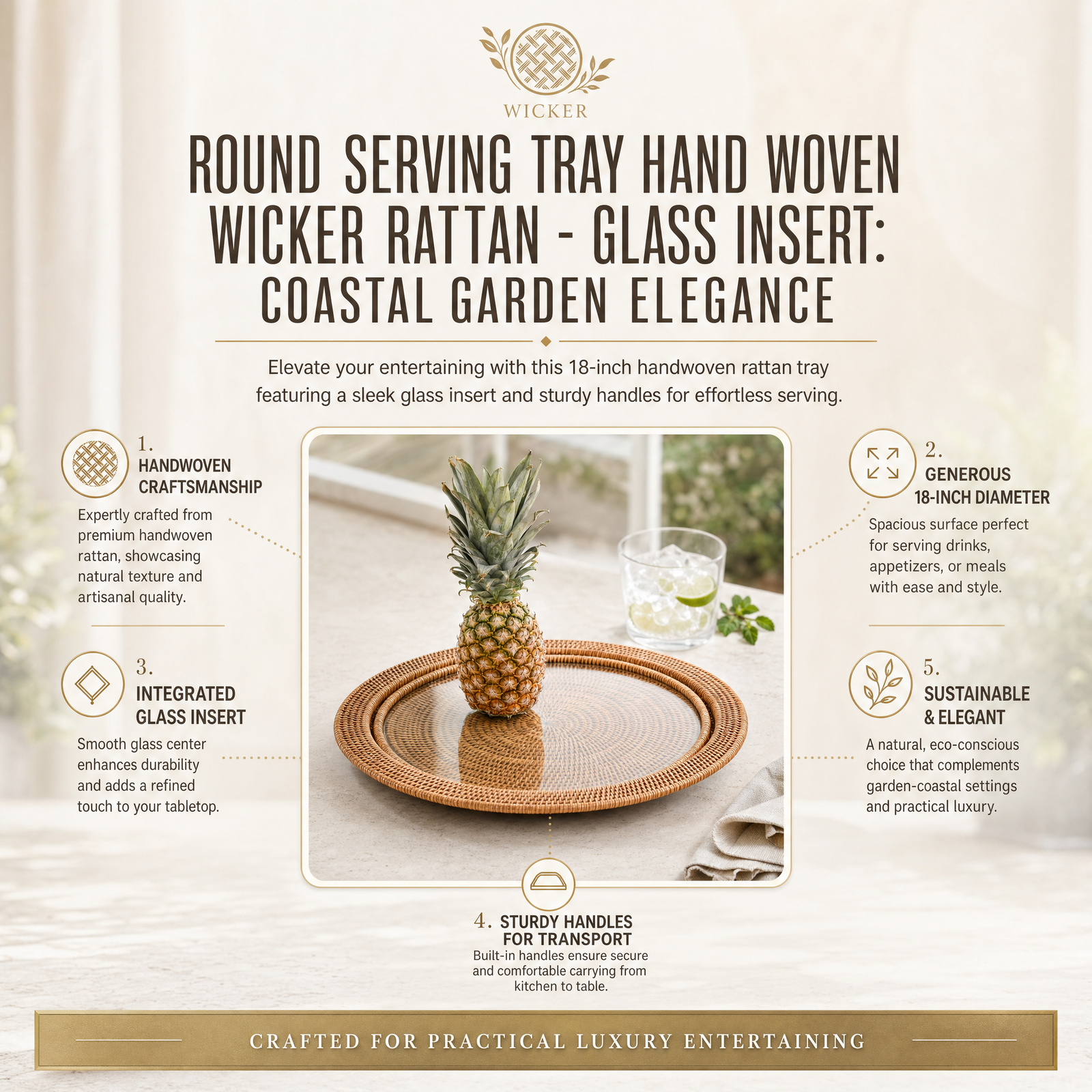 Round Serving Tray Hand Woven Wicker Rattan - Glass Insert: Coastal Garden Elegance