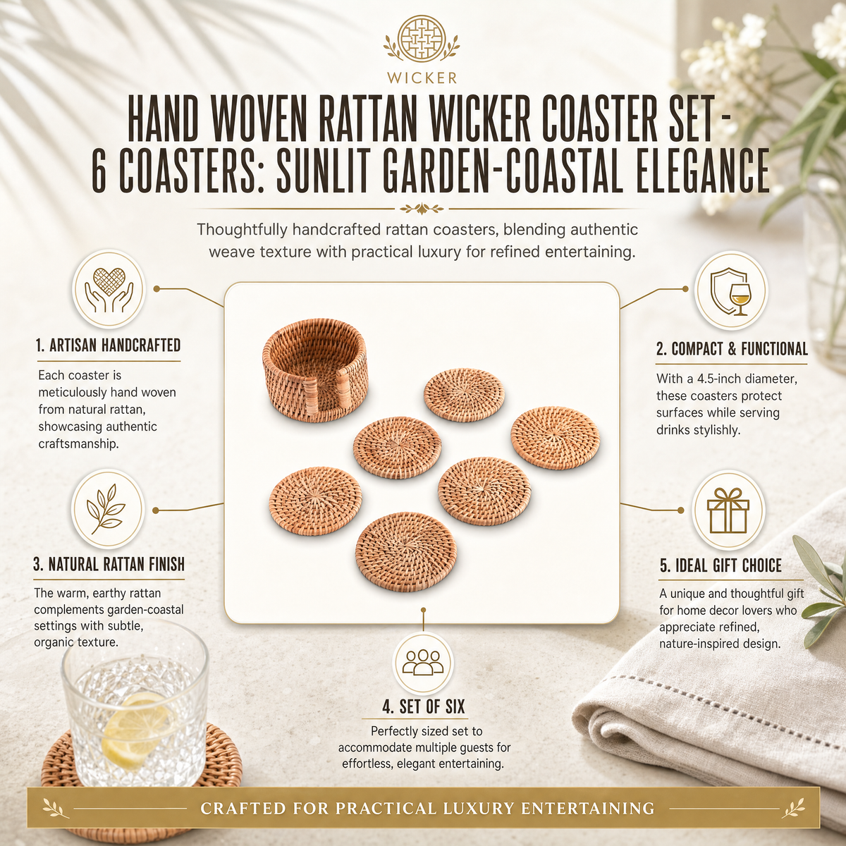 Hand Woven Rattan Wicker Coaster Set - 6 Coasters 11
