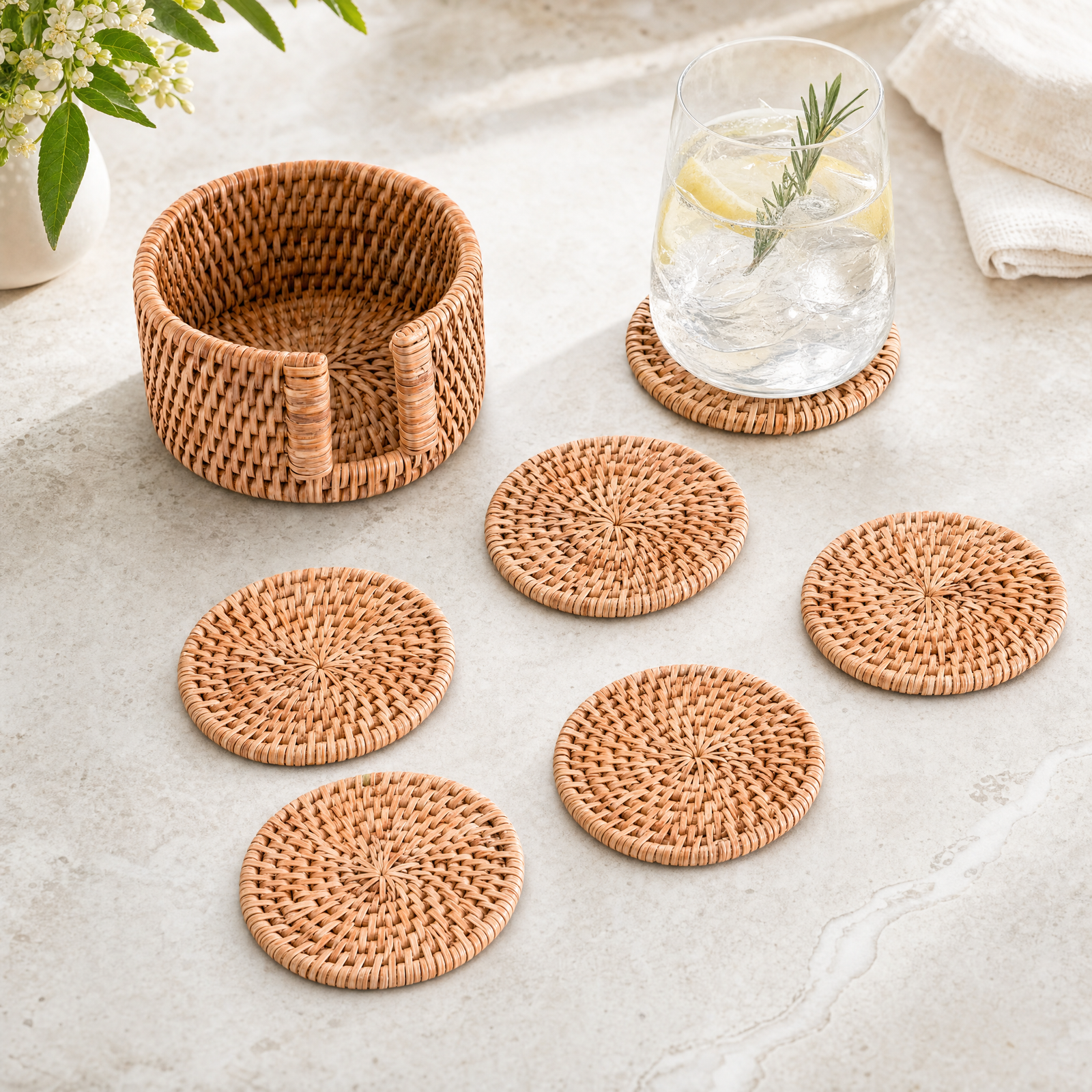 Hand Woven Rattan Wicker Coaster Set - 6 Coasters 1