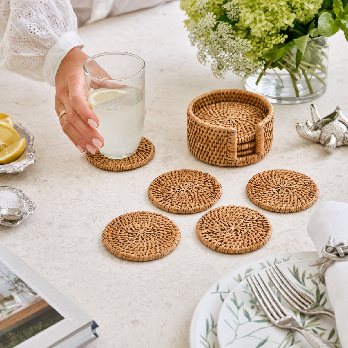 Hand Woven Rattan Wicker Coaster Set - 6 Coasters 6
