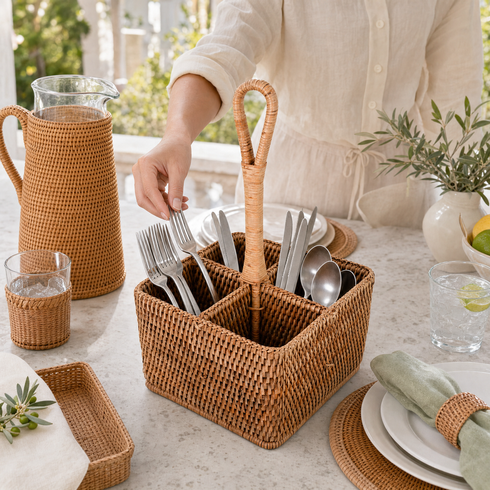 Hand Woven Rattan Wicker Flatware Caddy 7