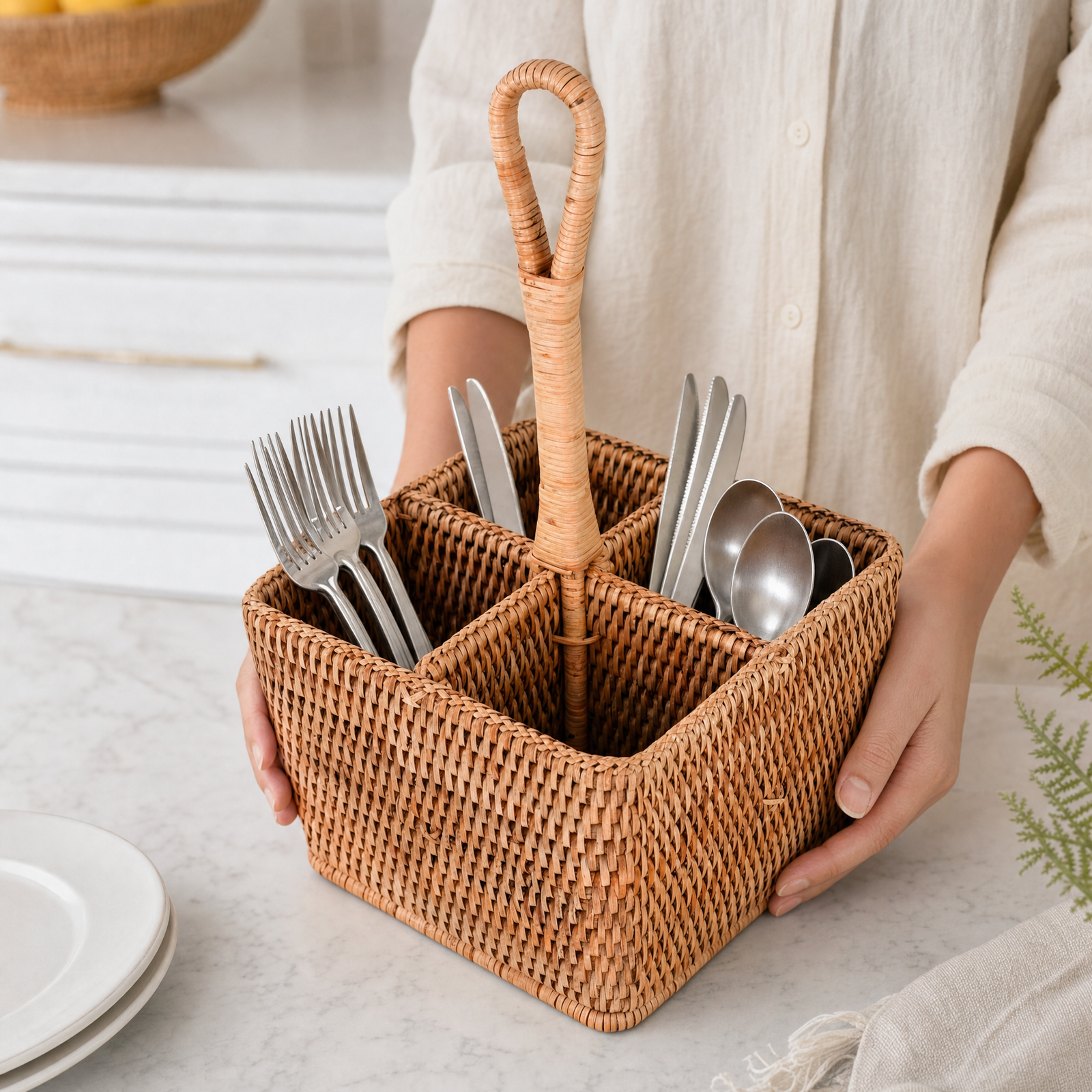 Hand Woven Rattan Wicker Flatware Caddy 10