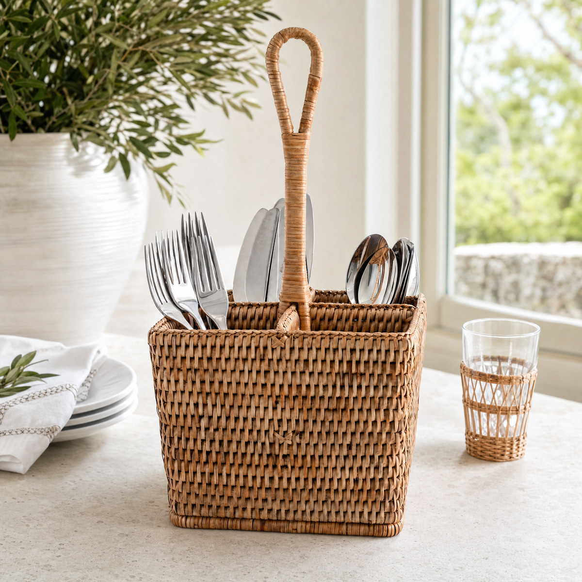 Hand Woven Rattan Wicker Flatware Caddy 2