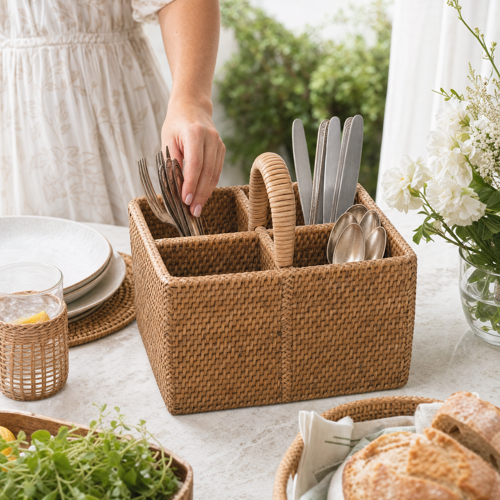 Hand Woven Rattan Wicker Flatware Caddy 9